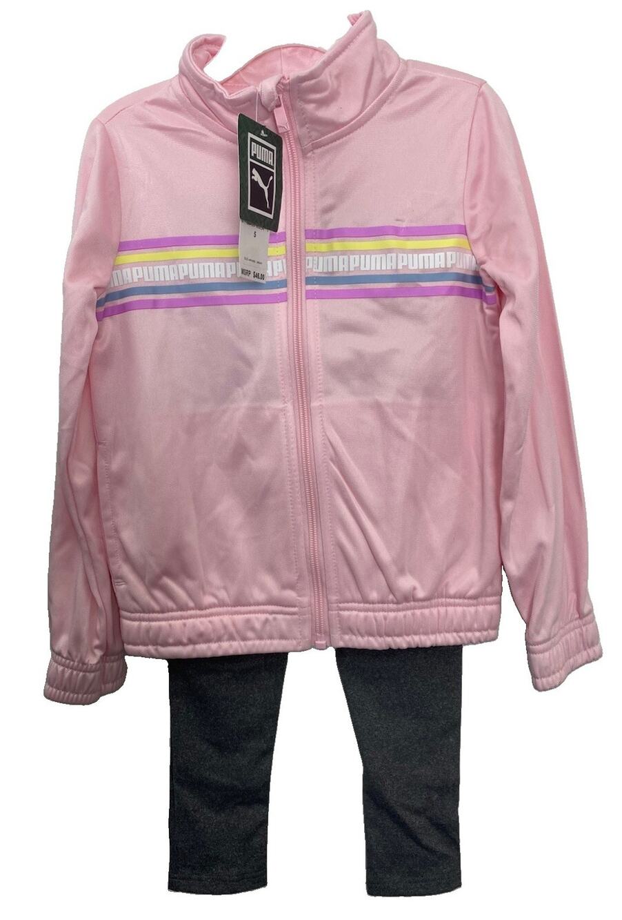 PUMA Girls 2 Piece Tracksuit Set Pink Gray Size 5 Full Zip Jacket Leggings NWT
